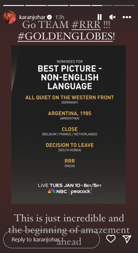 Karan Johar's Instagram Story