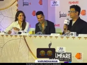 Janhvi Kapoor, Varun Dhawan and Karan Johar 